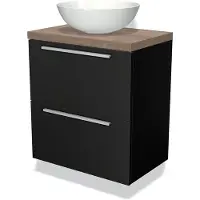 Maxaro Modulo Plato Slim Badkamermeubel voor waskom | 60 cm Mat zwart Vlak front Middenbruin eiken blad 2 lades onder elkaar
