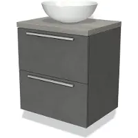 Maxaro Modulo Plato Badkamermeubel voor waskom | 60 cm Donkergrijs beton Vlak front Grijs eiken blad 2 lades onder elkaar