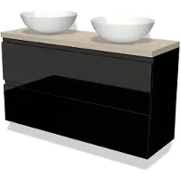 Maxaro Modulo Plato Slim Badkamermeubel voor waskom | 120 cm Hoogglans zwart Greeploos front Lichtgrijs eiken blad 2 lades onder elkaar
