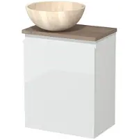 Maxaro Toiletmeubel met waskom | 41 cm Hoogglans wit Greeploos front Travertin Natuursteen waskom Middenbruin eiken blad