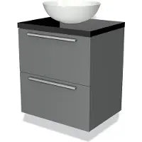 Maxaro Modulo Plato Badkamermeubel voor waskom | 60 cm Middengrijs Vlak front Hoogglans zwart blad 2 lades onder elkaar