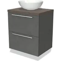 Maxaro Modulo Plato Badkamermeubel voor waskom | 60 cm Donkergrijs beton Vlak front Donkerbruin eiken blad 2 lades onder elkaar