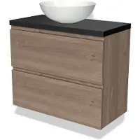 Maxaro Modulo Plato Slim Badkamermeubel voor waskom | 80 cm Middenbruin eiken Greeploos front Mat zwart blad 2 lades onder elkaar