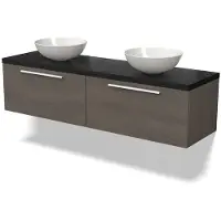 Maxaro Modulo Plato Badkamermeubel voor waskom | 160 cm Donkerbruin eiken Vlak front Zwart eiken blad 2 lades naast elkaar