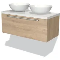 Maxaro Modulo Plato Badkamermeubel voor waskom | 100 cm Lichtbruin eiken Vlak front Hoogglans wit blad 1 lade