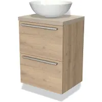 Maxaro Modulo Plato Slim Badkamermeubel voor waskom | 50 cm Lichtbruin eiken Vlak front Lichtgrijs eiken blad 2 lades onder elkaar