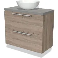 Maxaro Modulo Plato Slim Badkamermeubel voor waskom | 80 cm Eiken Vlak front Lichtgrijs beton blad 2 lades onder elkaar