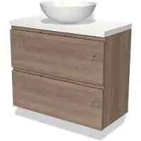 Maxaro Modulo Plato Slim Badkamermeubel voor waskom | 80 cm Middenbruin eiken Greeploos front Mat wit blad 2 lades onder elkaar