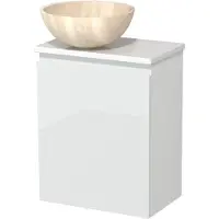 Maxaro Toiletmeubel met waskom | 41 cm Hoogglans wit Greeploos front Travertin Natuursteen waskom Hoogglans wit blad