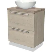 Maxaro Modulo Plato Slim Badkamermeubel voor waskom | 60 cm Lichtgrijs eiken Vlak front Eiken blad 2 lades onder elkaar