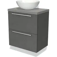 Maxaro Modulo Plato Slim Badkamermeubel voor waskom | 60 cm Donkergrijs beton Vlak front Lichtgrijs beton blad 2 lades onder elkaar