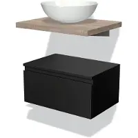 Maxaro Modulo Plato Badkamermeubel voor waskom | 60 cm Mat zwart Greeploos front Eiken blad Laag zwevend