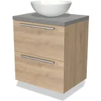 Maxaro Modulo Plato Badkamermeubel voor waskom | 60 cm Lichtbruin eiken Vlak front Lichtgrijs beton blad 2 lades onder elkaar