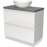 Maxaro Modulo Plato Slim Badkamermeubel voor waskom | 80 cm Hoogglans wit Greeploos front Middengrijs blad 2 lades onder elkaar