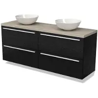 Maxaro Modulo Plato Badkamermeubel voor waskom | 160 cm Zwart eiken Vlak front Lichtgrijs eiken blad 4 lades