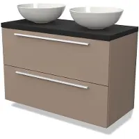 Maxaro Modulo Plato Badkamermeubel voor waskom | 100 cm Taupe Vlak front Mat zwart blad 2 lades onder elkaar