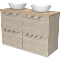 Maxaro Modulo Plato Badkamermeubel voor waskom | 120 cm Lichtgrijs eiken Vlak front Lichtbruin eiken blad 4 hoge lades