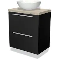 Maxaro Modulo Plato Slim Badkamermeubel voor waskom | 60 cm Mat zwart Vlak front Lichtgrijs eiken blad 2 lades onder elkaar