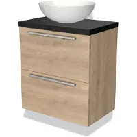Maxaro Modulo Plato Slim Badkamermeubel voor waskom | 60 cm Lichtbruin eiken Vlak front Mat zwart blad 2 lades onder elkaar