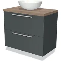 Maxaro Modulo Plato Badkamermeubel voor waskom | 80 cm Donkergrijs Vlak front Middenbruin eiken blad 2 lades onder elkaar