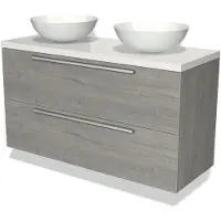 Maxaro Modulo Plato Badkamermeubel voor waskom | 120 cm Grijs eiken Vlak front Hoogglans wit blad 2 lades onder elkaar