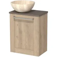 Maxaro Toiletmeubel met waskom | 41 cm Lichtbruin eiken Kader front Travertin Natuursteen waskom Donkerbruin eiken blad