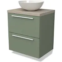 Maxaro Modulo Plato Badkamermeubel voor waskom | 60 cm Saliegroen Vlak front Lichtgrijs eiken blad 2 lades onder elkaar
