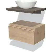 Maxaro Modulo Plato Badkamermeubel voor waskom | 60 cm Lichtbruin eiken Greeploos front Donkerbruin eiken blad Laag zwevend