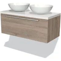 Maxaro Modulo Plato Badkamermeubel voor waskom | 100 cm Eiken Vlak front Hoogglans wit blad 1 lade