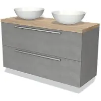 Maxaro Modulo Plato Badkamermeubel voor waskom | 120 cm Lichtgrijs beton Vlak front Lichtbruin eiken blad 2 lades onder elkaar