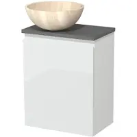 Maxaro Toiletmeubel met waskom | 41 cm Hoogglans wit Greeploos front Travertin Natuursteen waskom Donkergrijs beton blad
