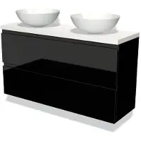 Maxaro Modulo Plato Slim Badkamermeubel voor waskom | 120 cm Hoogglans zwart Greeploos front Mat wit blad 2 lades onder elkaar