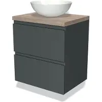 Maxaro Modulo Plato Badkamermeubel voor waskom | 60 cm Donkergrijs Greeploos front Eiken blad 2 lades onder elkaar