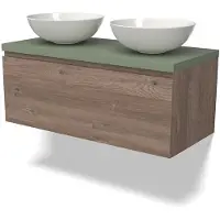 Maxaro Modulo Plato Badkamermeubel voor waskom | 100 cm Middenbruin eiken Greeploos front Saliegroen blad 1 lade
