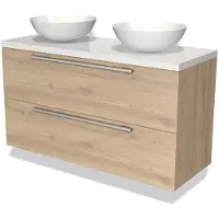Maxaro Modulo Plato Badkamermeubel voor waskom | 120 cm Lichtbruin eiken Vlak front Hoogglans wit blad 2 lades onder elkaar