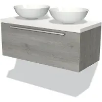 Maxaro Modulo Plato Badkamermeubel voor waskom | 100 cm Grijs eiken Vlak front Mat wit blad 1 lade