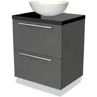 Maxaro Modulo Plato Badkamermeubel voor waskom | 60 cm Donkergrijs beton Vlak front Hoogglans zwart blad 2 lades onder elkaar
