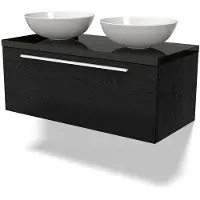 Maxaro Modulo Plato Badkamermeubel voor waskom | 100 cm Zwart eiken Vlak front Hoogglans zwart blad 1 lade