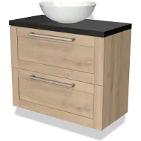 Maxaro Modulo Plato Slim Badkamermeubel voor waskom | 80 cm Lichtbruin eiken Kader front Mat zwart blad 2 lades onder elkaar