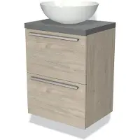 Maxaro Modulo Plato Slim Badkamermeubel voor waskom | 50 cm Lichtgrijs eiken Vlak front Middengrijs blad 2 lades onder elkaar