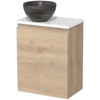 Maxaro Toiletmeubel met waskom | 41 cm Lichtbruin eiken Greeploos front Blue stone Natuursteen waskom Hoogglans wit blad