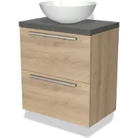 Maxaro Modulo Plato Slim Badkamermeubel voor waskom | 60 cm Lichtbruin eiken Vlak front Donkergrijs beton blad 2 lades onder elkaar