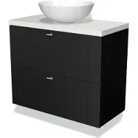 Maxaro Modulo Plato Slim Badkamermeubel voor waskom | 80 cm Mat zwart Lamel front Hoogglans wit blad 2 lades onder elkaar