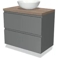 Maxaro Modulo Plato Badkamermeubel voor waskom | 80 cm Middengrijs Greeploos front Middenbruin eiken blad 2 lades onder elkaar