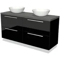 Maxaro Modulo Plato Badkamermeubel voor waskom | 140 cm Hoogglans zwart Vlak front Donkergrijs beton blad 4 lades