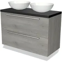 Maxaro Modulo Plato Badkamermeubel voor waskom | 100 cm Grijs eiken Vlak front Mat zwart blad 2 lades onder elkaar