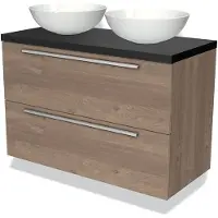 Maxaro Modulo Plato Badkamermeubel voor waskom | 100 cm Middenbruin eiken Vlak front Mat zwart blad 2 lades onder elkaar