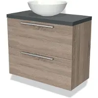 Maxaro Modulo Plato Slim Badkamermeubel voor waskom | 80 cm Eiken Vlak front Donkergrijs blad 2 lades onder elkaar