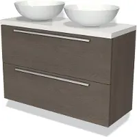 Maxaro Modulo Plato Slim Badkamermeubel voor waskom | 100 cm Donkerbruin eiken Vlak front Hoogglans wit blad 2 lades onder elkaar