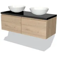 Maxaro Modulo Plato Badkamermeubel voor waskom | 120 cm Lichtbruin eiken Greeploos front Hoogglans zwart blad 2 lades naast elkaar